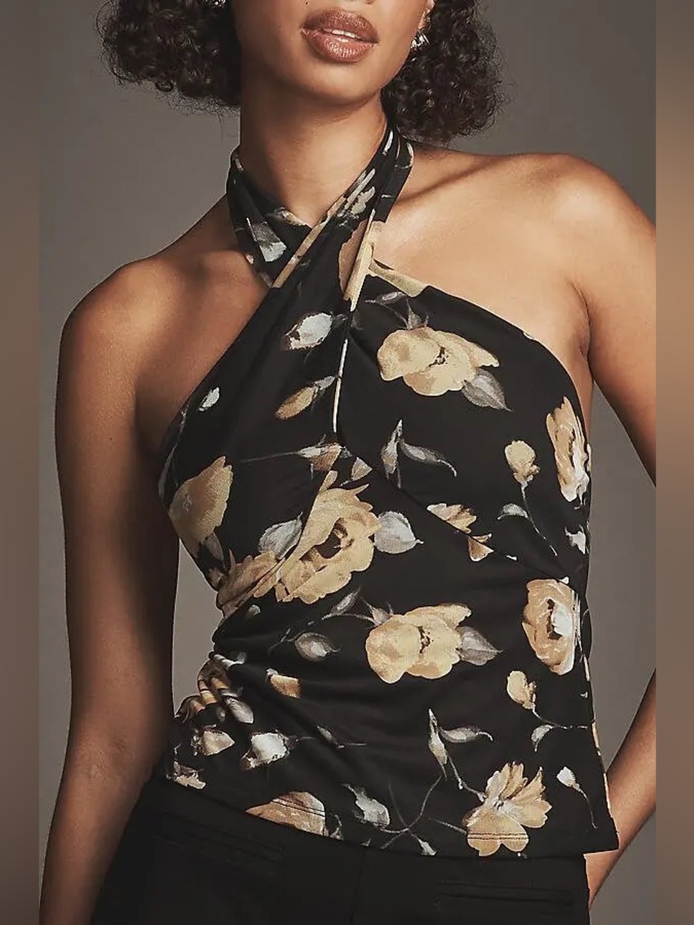 Anthropologie | Women's Floral Tie Neck Shirred Halter Top Chic Feminine Size M
